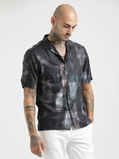 Printed Cotton Satin Shirt Black