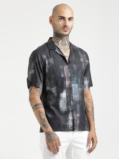 Printed Cotton Satin Shirt Black