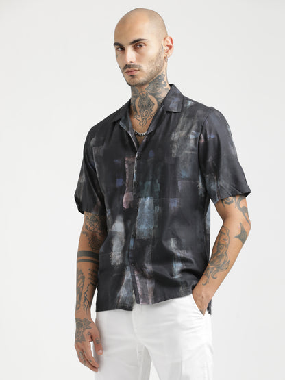Printed Cotton Satin Shirt Black