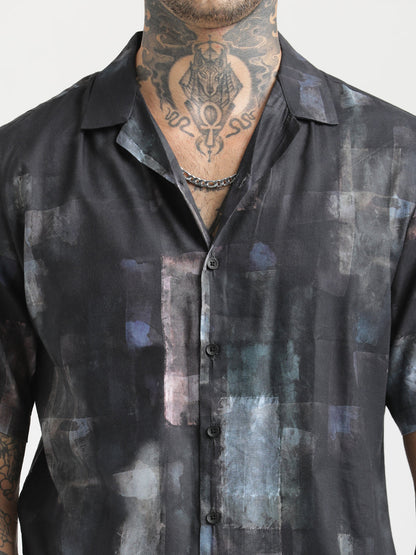 Printed Cotton Satin Shirt Black