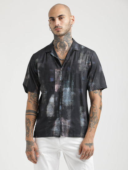 Printed Cotton Satin Shirt Black