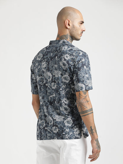 Printed Cotton Satin Shirt Navy