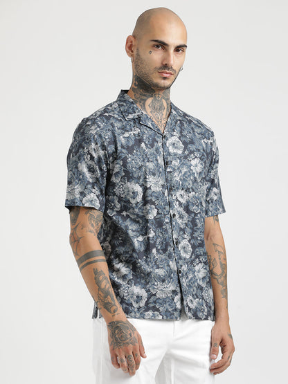 Printed Cotton Satin Shirt Navy