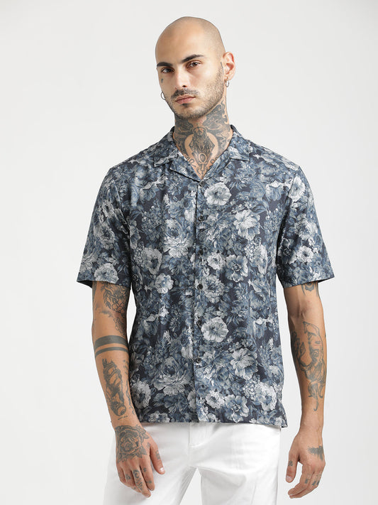 Printed Cotton Satin Shirt Navy