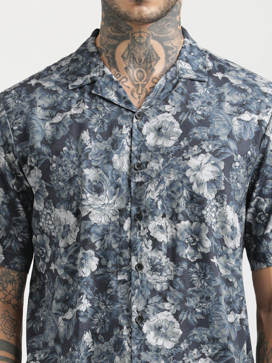Printed Cotton Satin Shirt Navy
