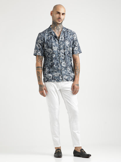 Printed Cotton Satin Shirt Navy