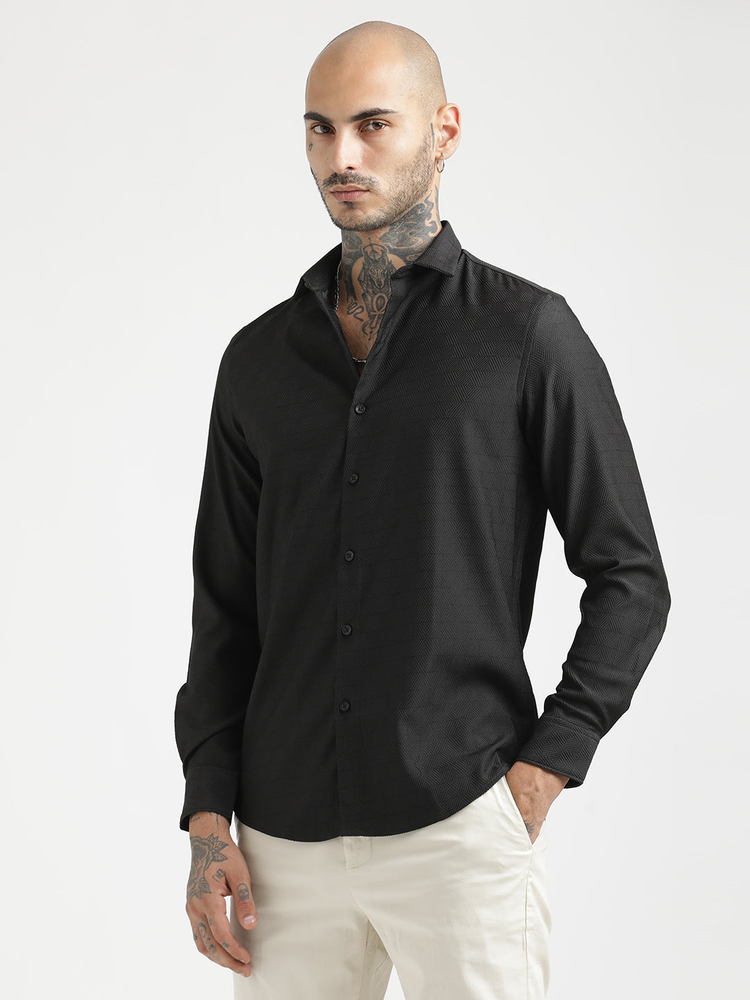 Textured Poly Shirt with Structured Finish Black