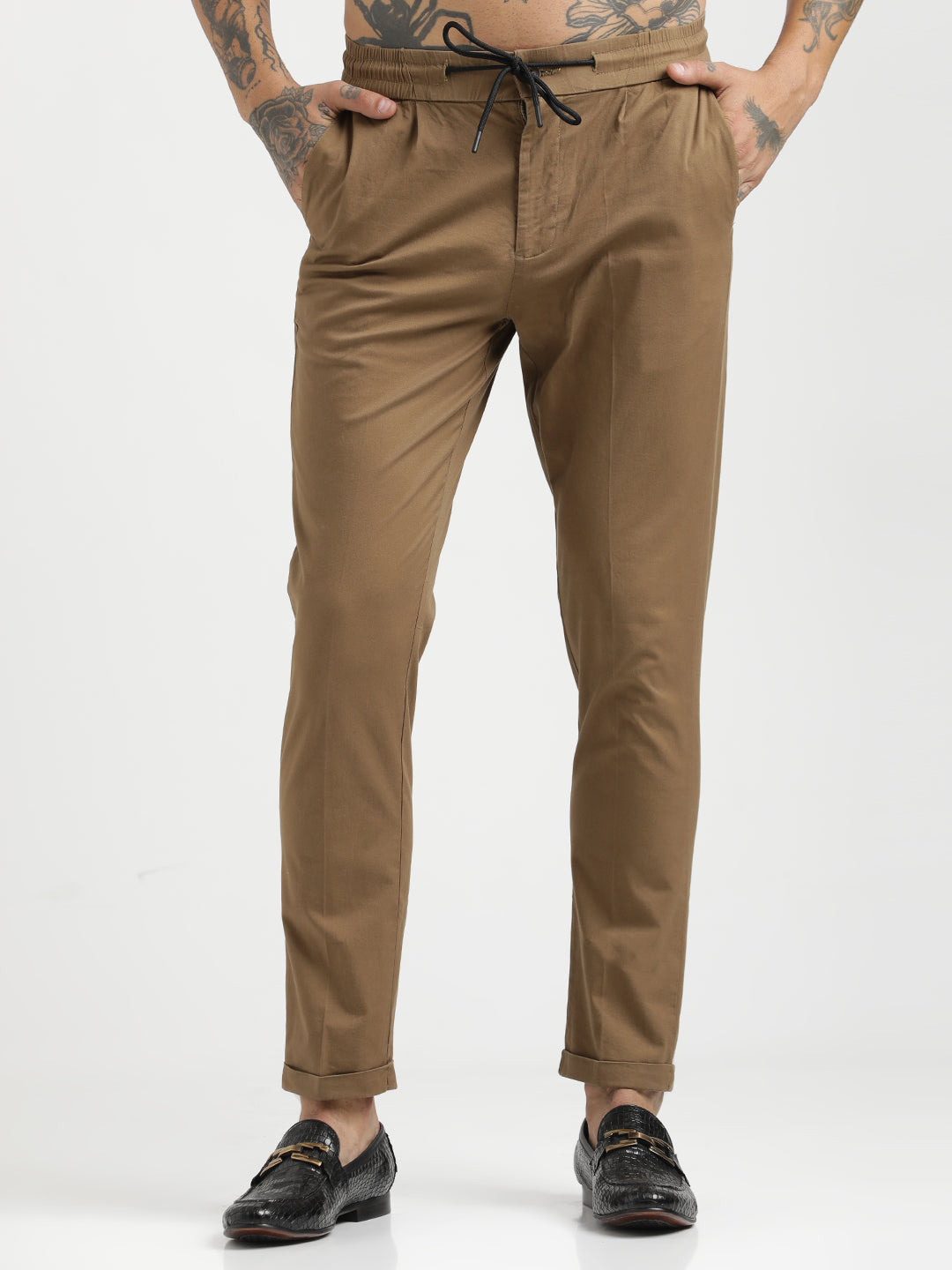 Cotton Drawstring Trousers with Pockets Khaki