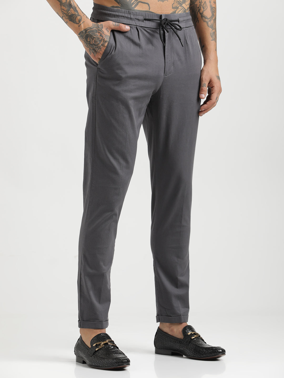 Cotton Drawstring Trousers with Pockets Grey