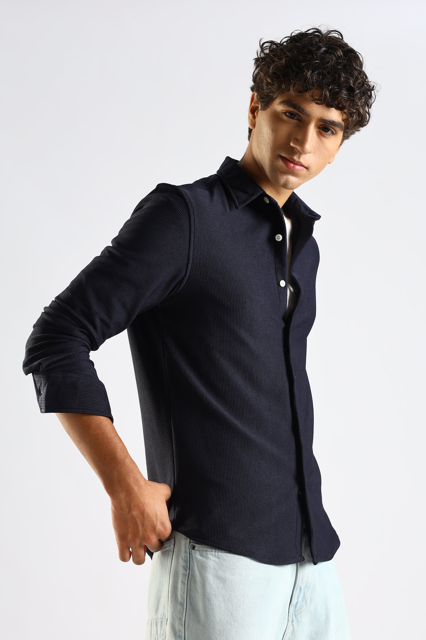 Textured Poly Knit Shirt Navy