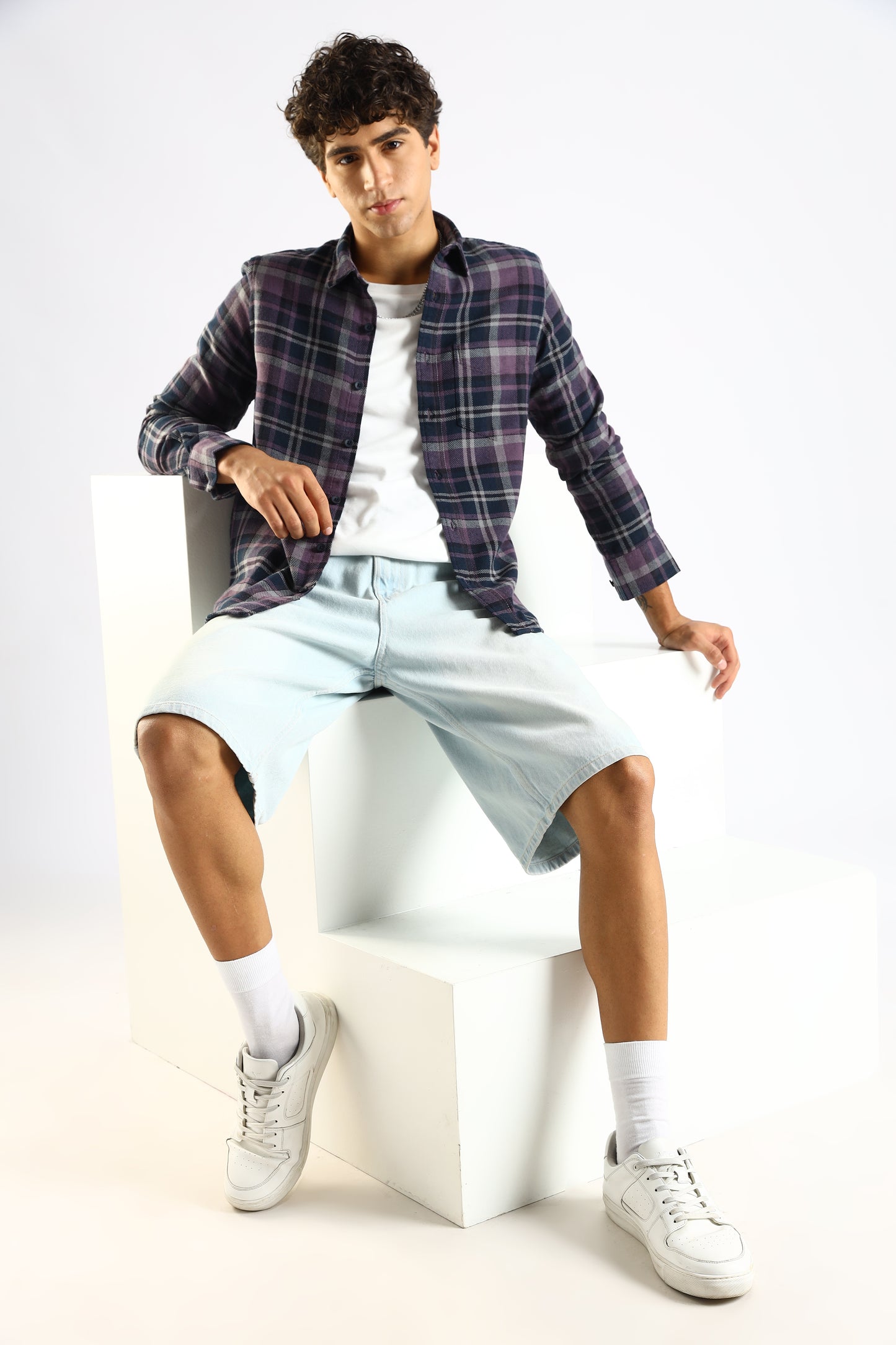Cotton Blend Checked Shirt Navy