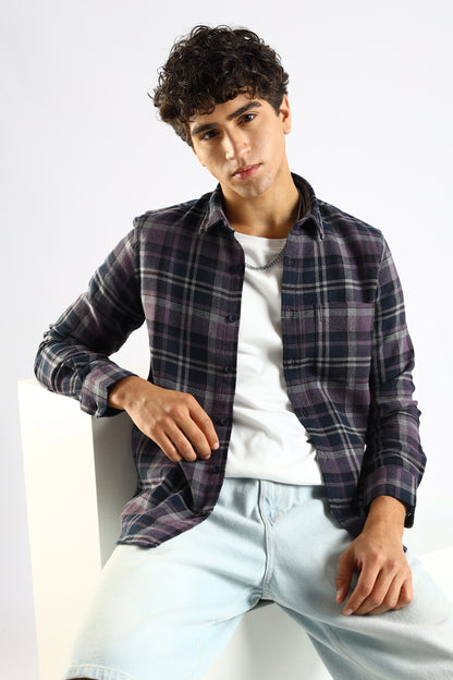 Cotton Blend Checked Shirt Navy