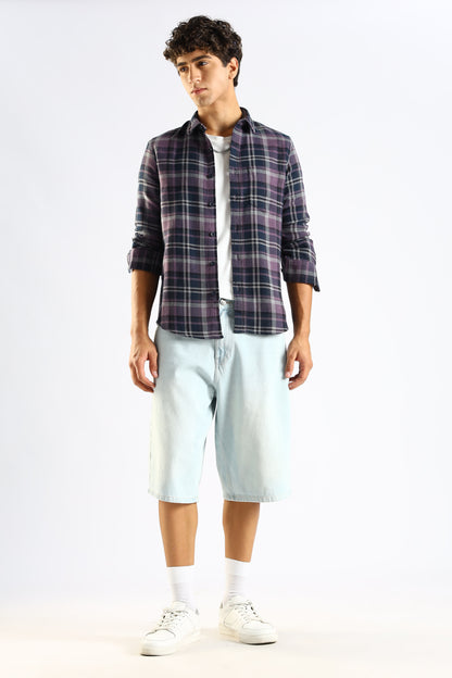 Cotton Blend Checked Shirt Navy