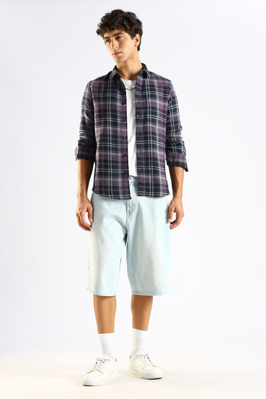 Cotton Blend Checked Shirt Navy