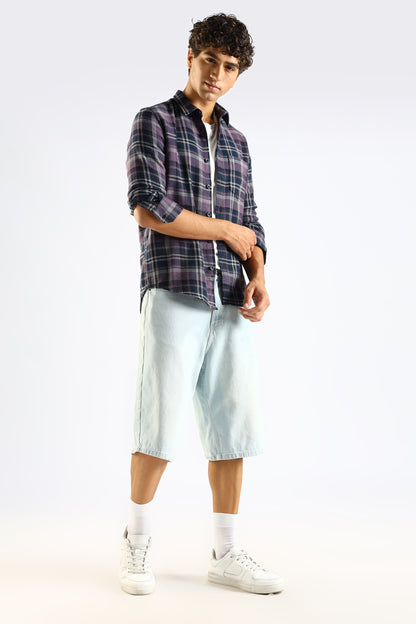 Cotton Blend Checked Shirt Navy