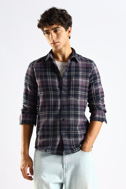 Cotton Blend Checked Shirt Navy