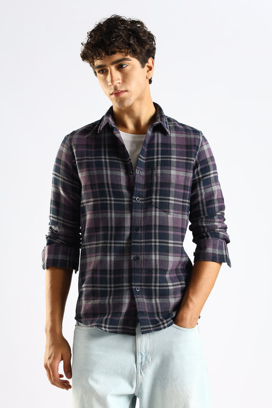 Cotton Blend Checked Shirt Navy