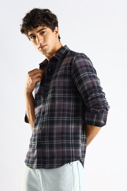 Cotton Blend Checked Shirt Navy