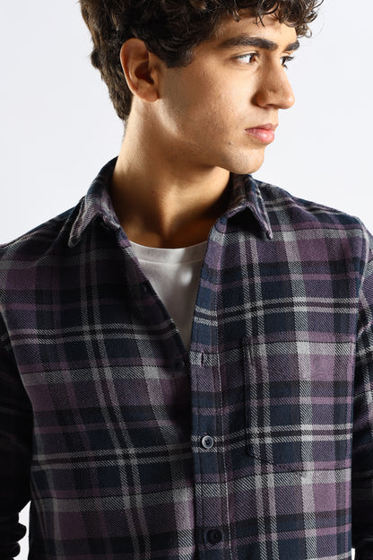 Cotton Blend Checked Shirt Navy
