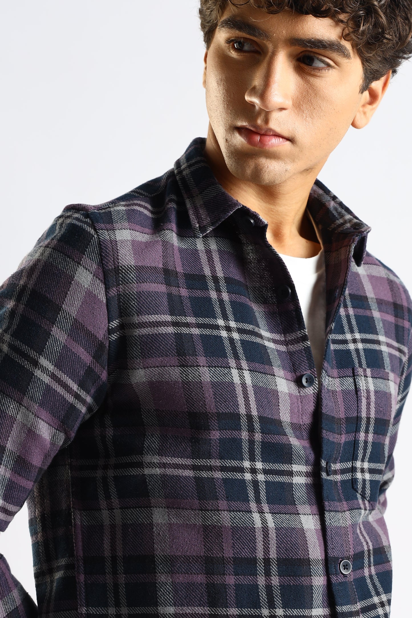 Cotton Blend Checked Shirt Navy