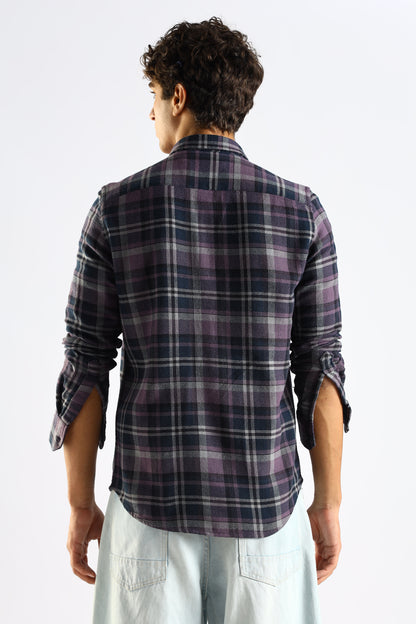 Cotton Blend Checked Shirt Navy