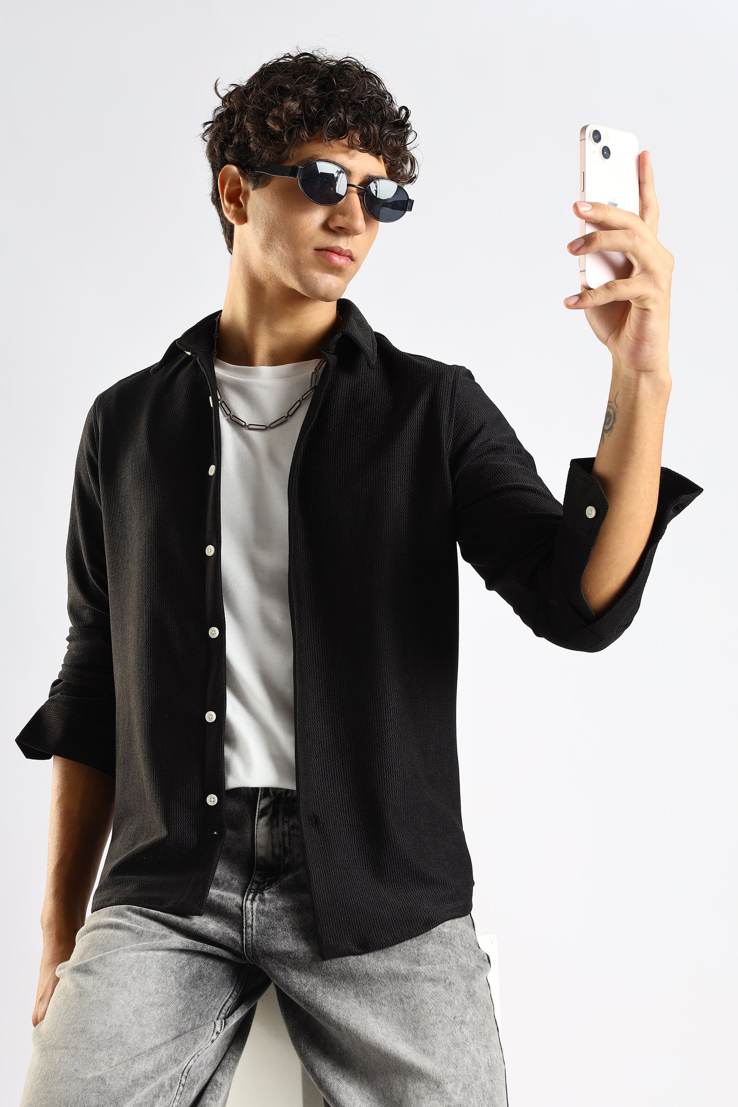 Textured Poly Knit Shirt Black