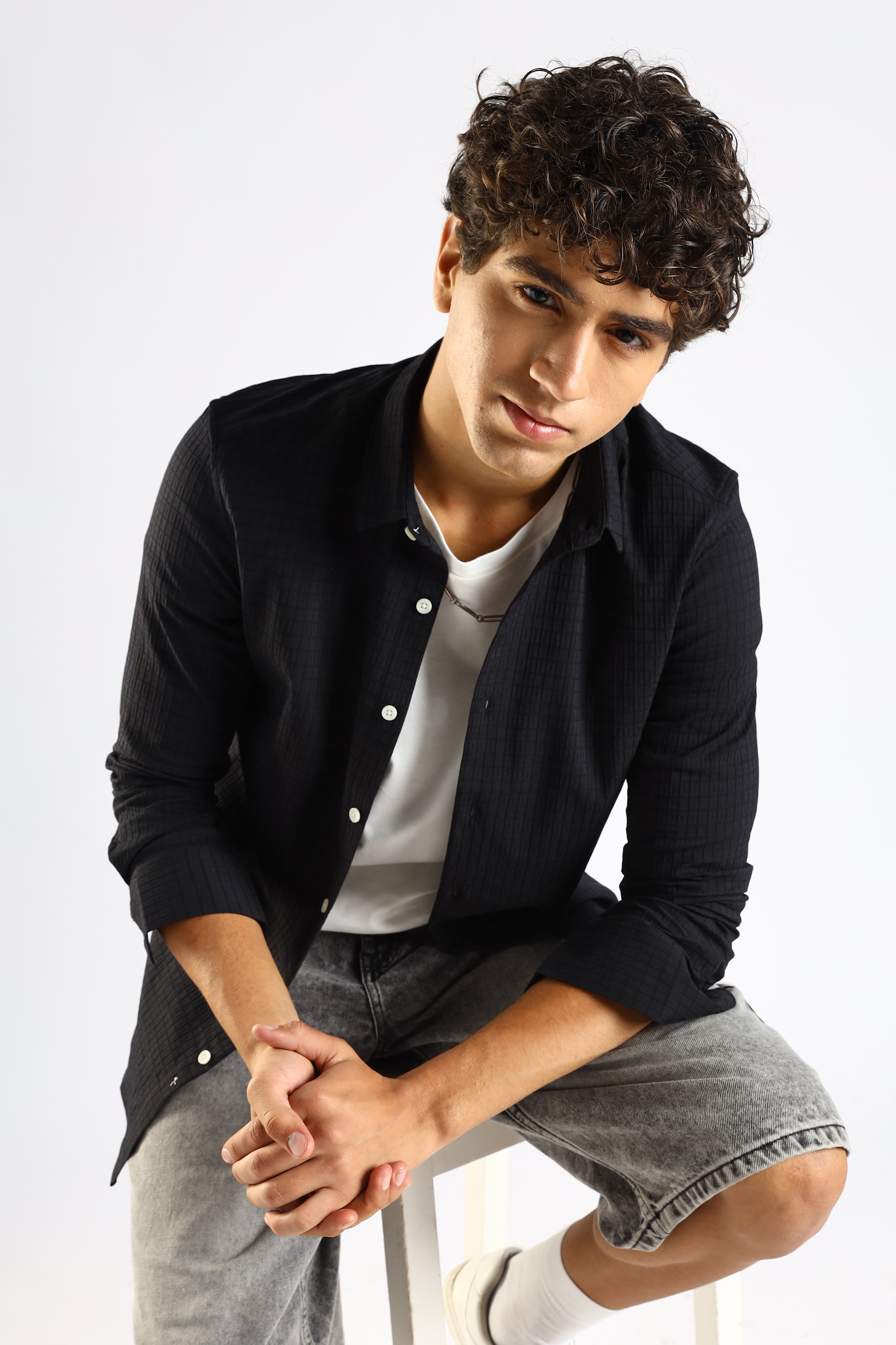 Self-Designed Poly Blend Slim Fit Shirt Black