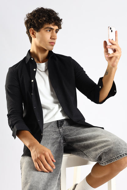 Self-Designed Poly Blend Slim Fit Shirt Black