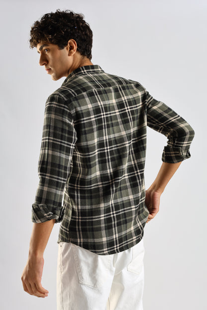 Cotton Blend Checked Shirt Olive