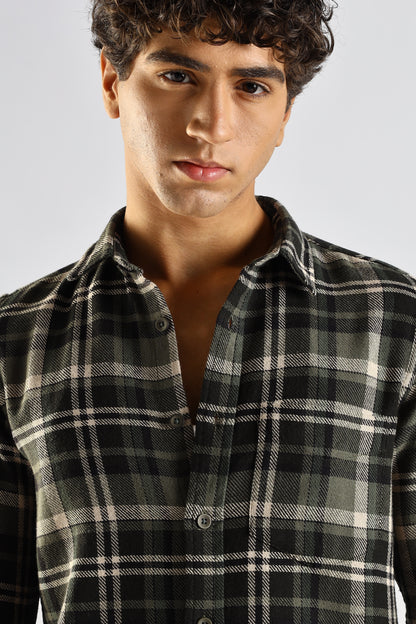 Cotton Blend Checked Shirt Olive