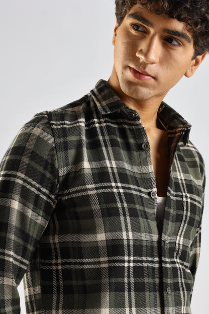Cotton Blend Checked Shirt Olive