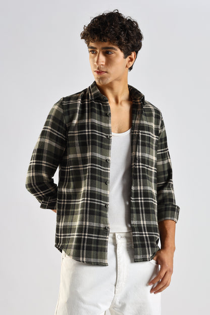 Cotton Blend Checked Shirt Olive