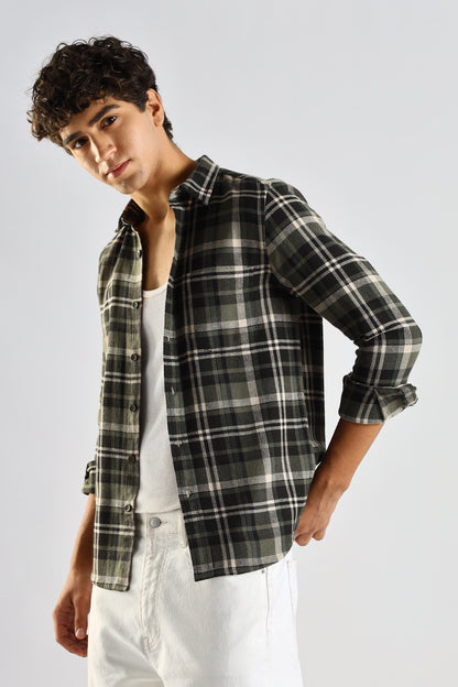 Cotton Blend Checked Shirt Olive