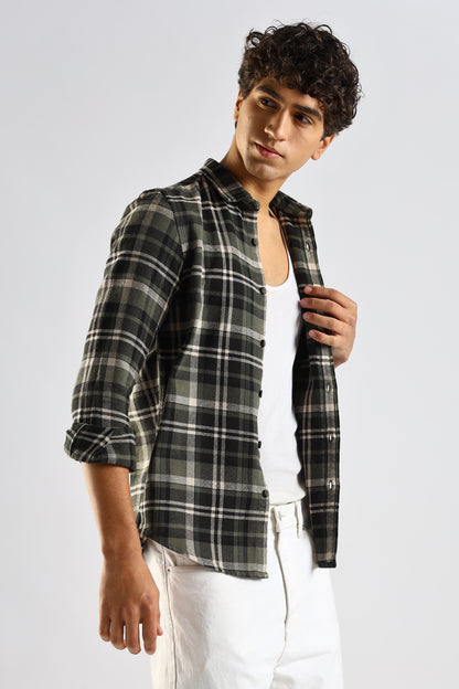 Cotton Blend Checked Shirt Olive