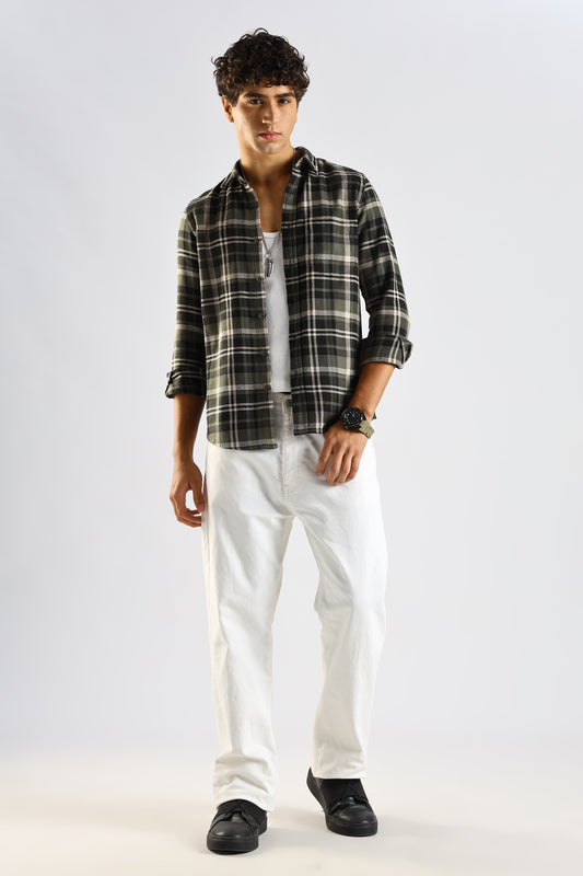 Cotton Blend Checked Shirt Olive