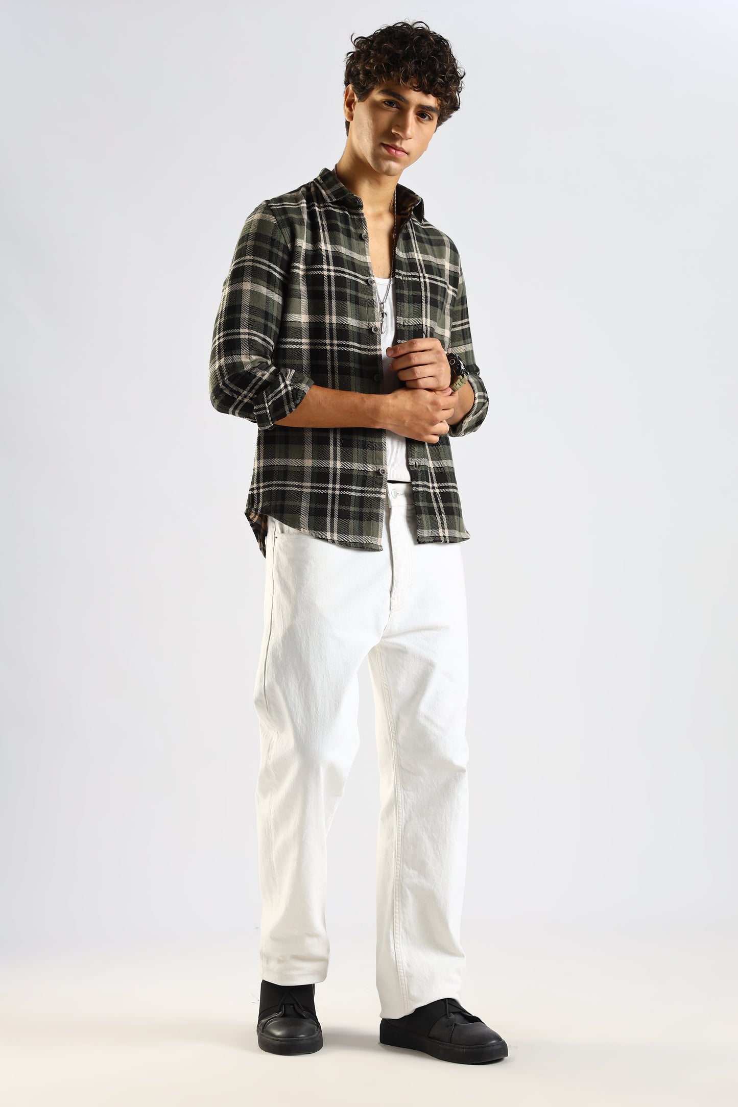 Cotton Blend Checked Shirt Olive