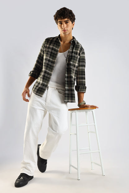 Cotton Blend Checked Shirt Olive