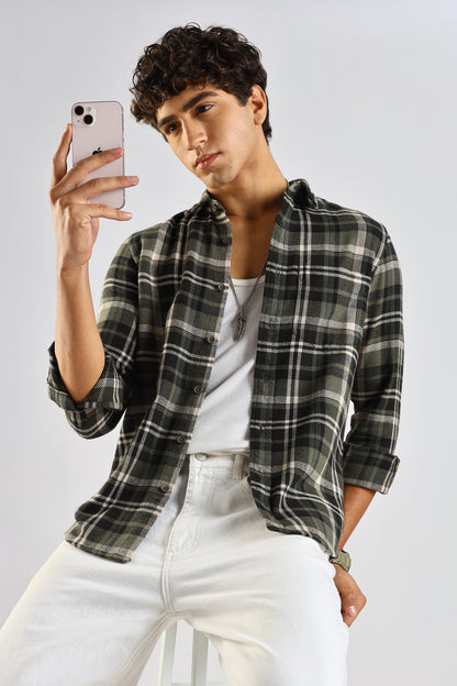 Cotton Blend Checked Shirt Olive