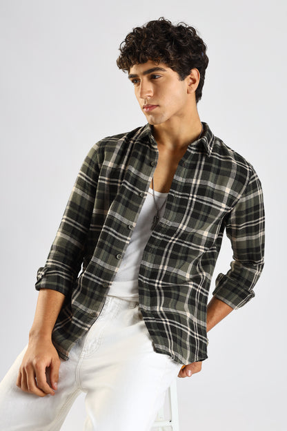 Cotton Blend Checked Shirt Olive