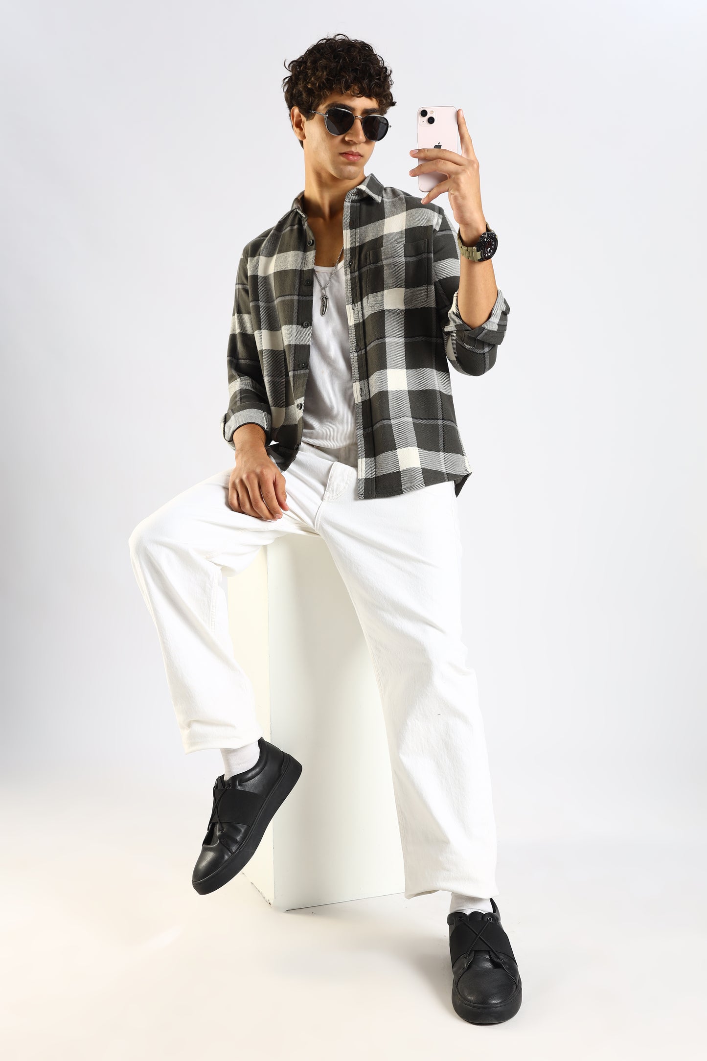 Cotton Blend Checked Shirt Green