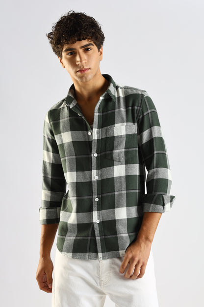 Cotton Blend Checked Shirt Dk Green
