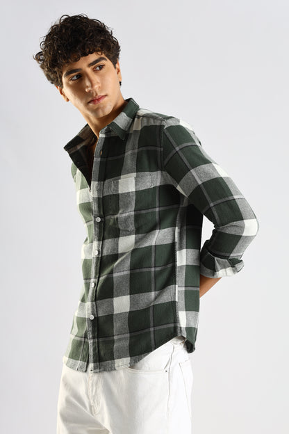 Cotton Blend Checked Shirt Dk Green