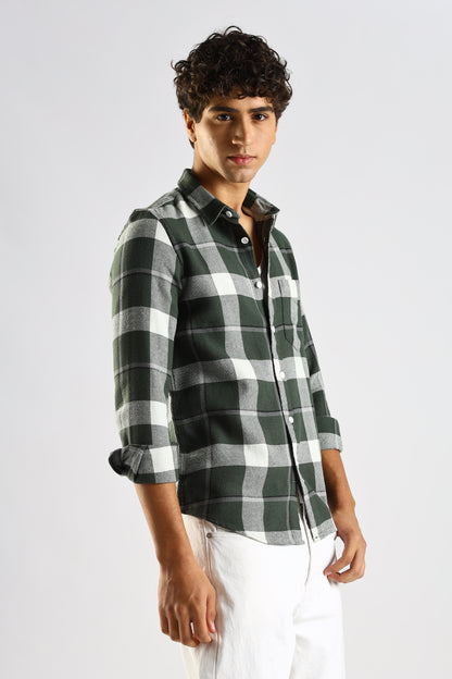 Cotton Blend Checked Shirt Dk Green