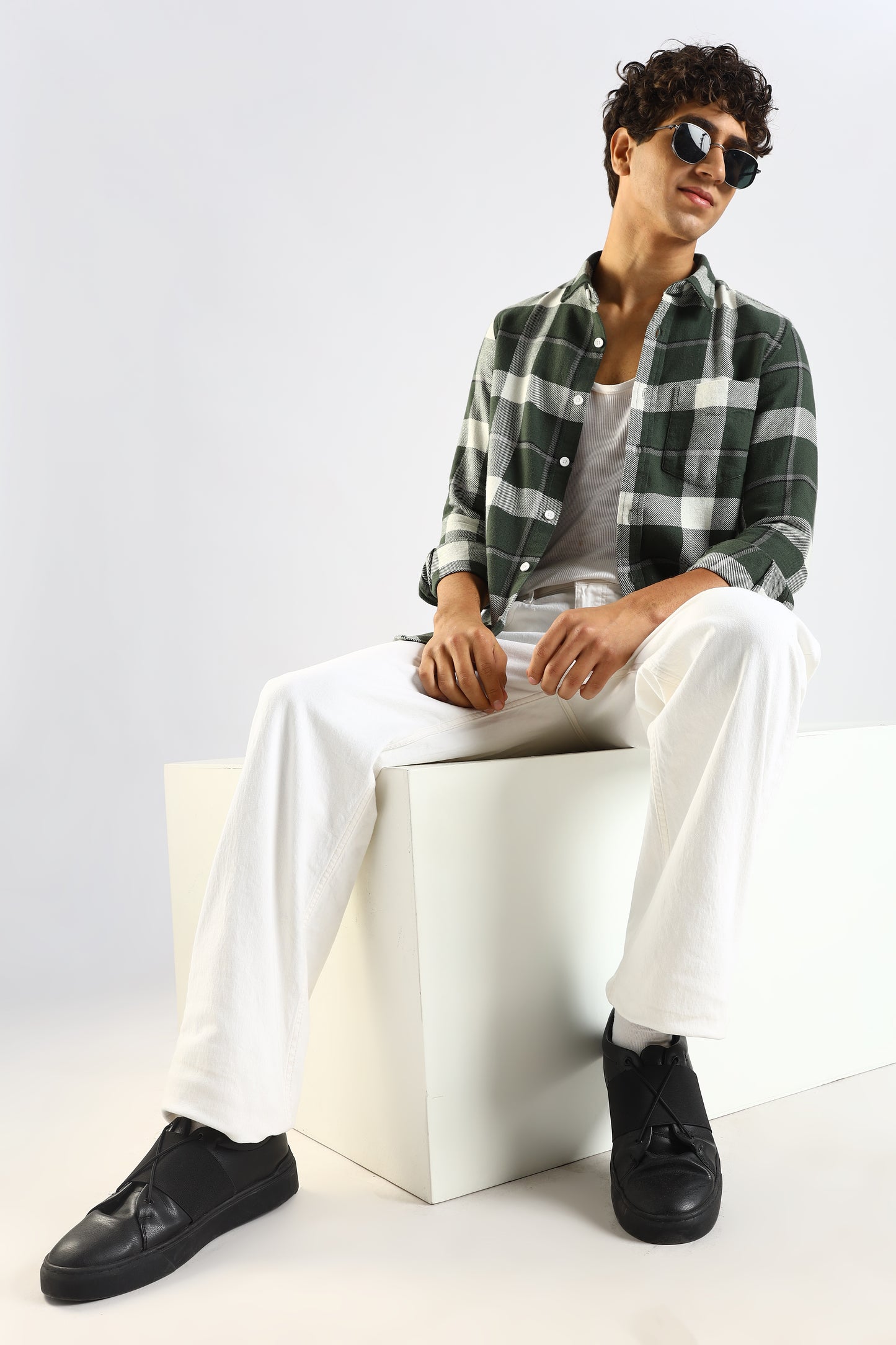 Cotton Blend Checked Shirt Dk Green