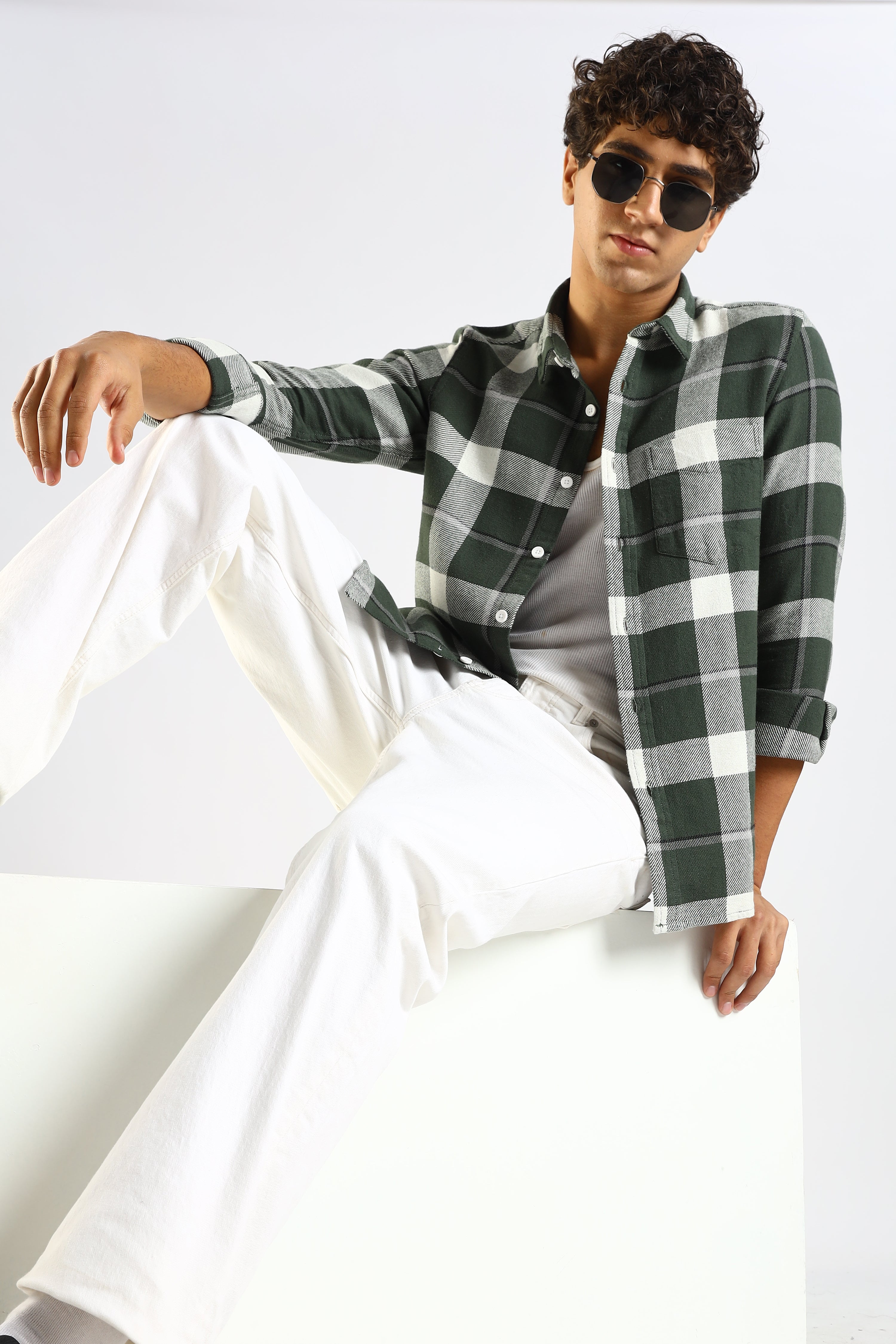 Cotton Blend Checked Shirt Dk Green