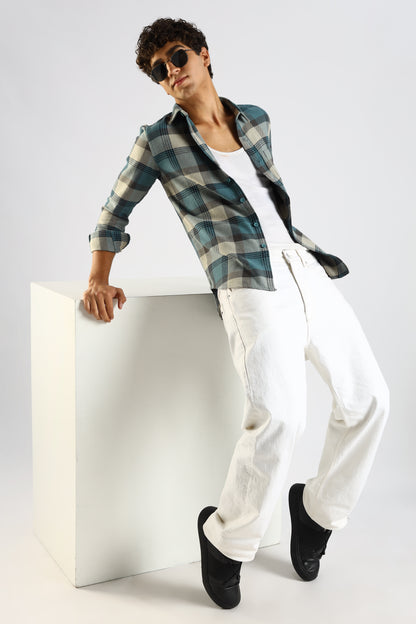 Cotton Blend Checked Shirt Lt Blue