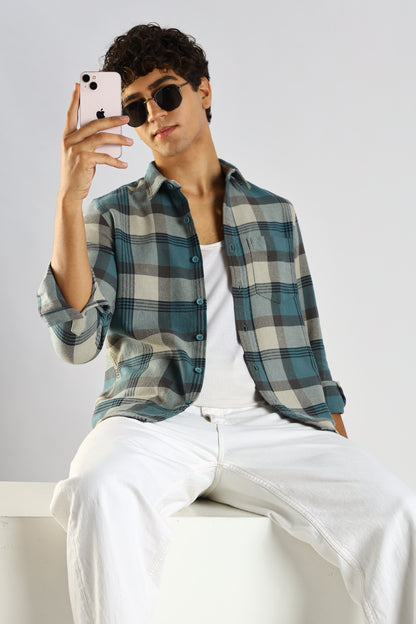 Cotton Blend Checked Shirt Lt Blue