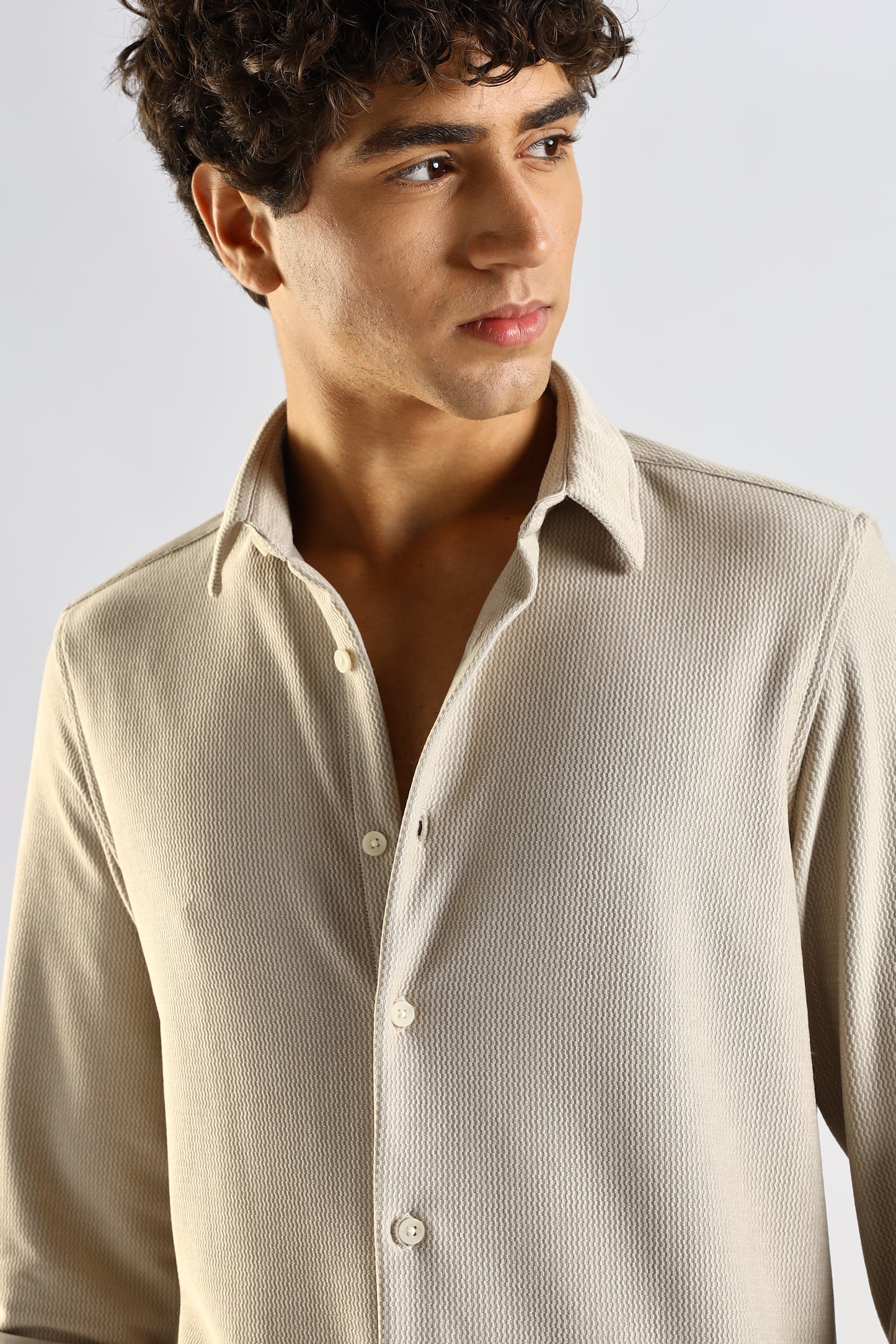 Textured Poly Knit Shirt Cream