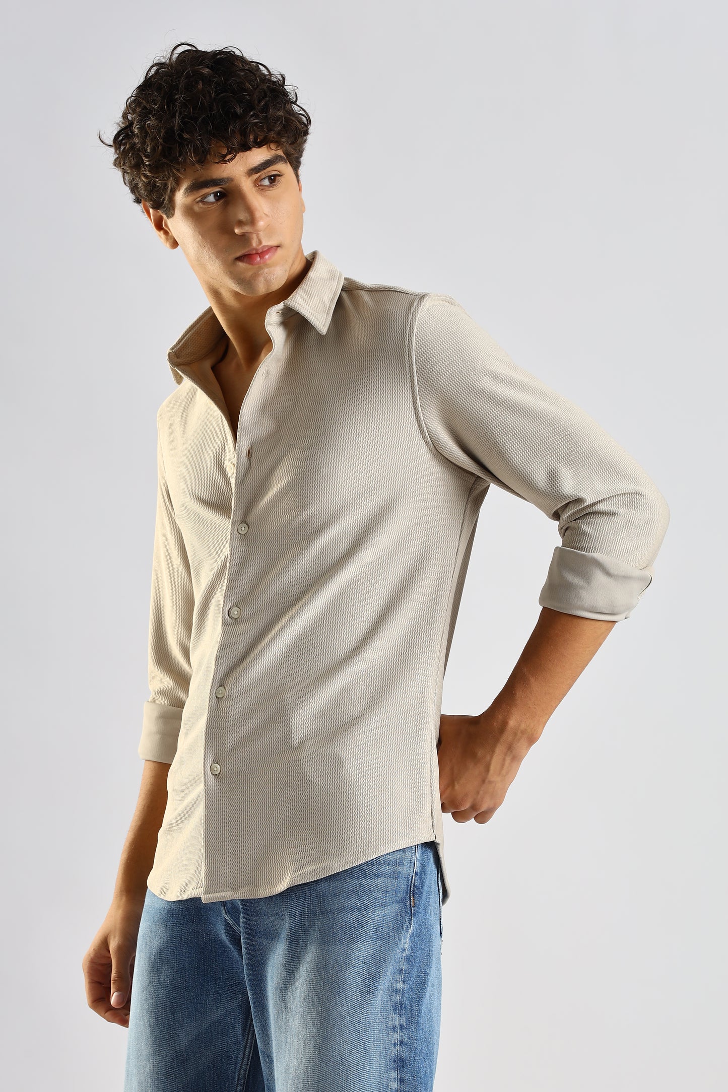 Textured Poly Knit Shirt Cream