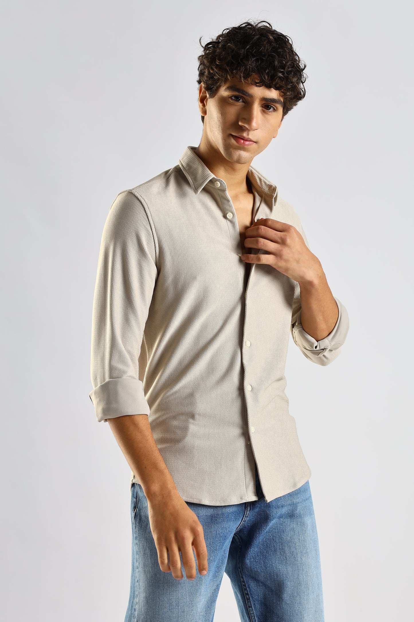 Textured Poly Knit Shirt Cream